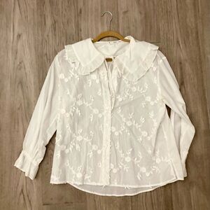MANGO White Embroidered Oversized Floral Blouse with Peter Pan Collar